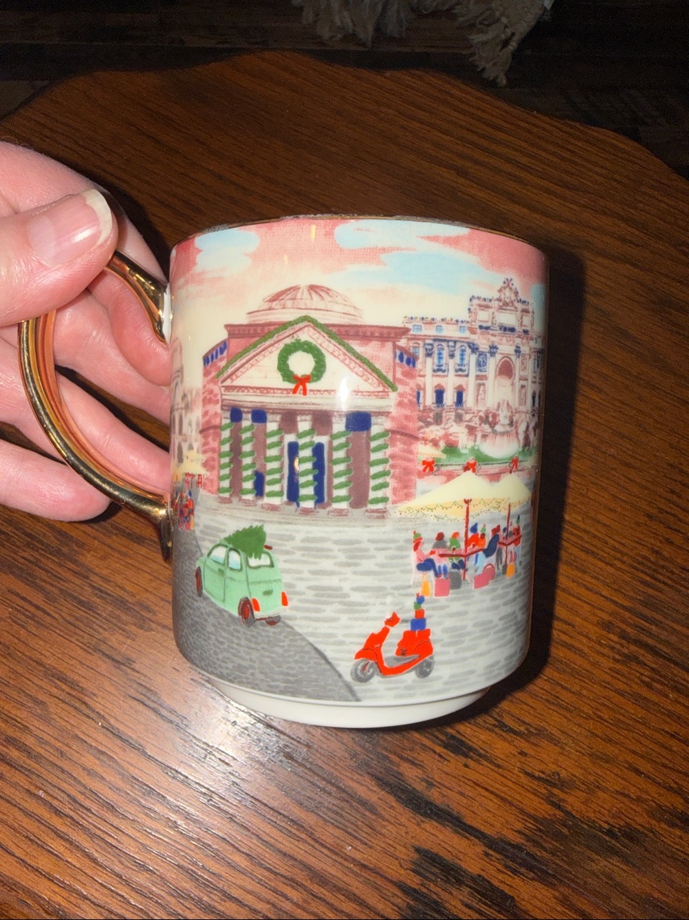 Anthropologie Pink & Gold City Scene Ceramic Mug